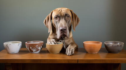 A sad and hungry dog sits in front of empty bowls