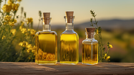 Glass bottles filled with rapeseed oil on the background of blooming rape plants - obrazy, fototapety, plakaty