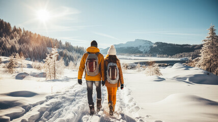 Blissful couple cross-country skiing in a snowy landscape background with empty space for text  - obrazy, fototapety, plakaty