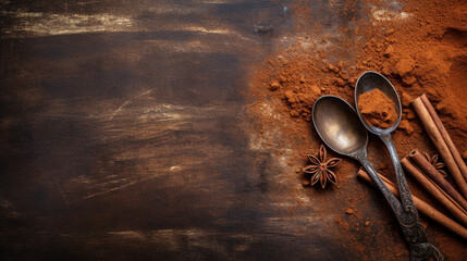 spoon on wooden table with chocolate powdered