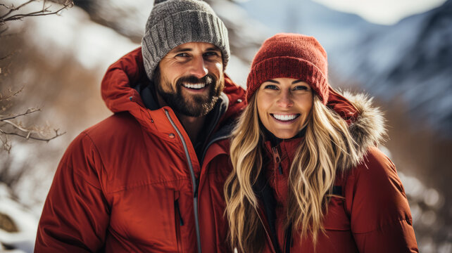 Active couple enjoying a winter hike in scenic snow-covered mountains 
