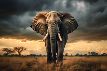 Fototapeta na wymiar majestic elephant in the plain at sunset with clouds, AI generated