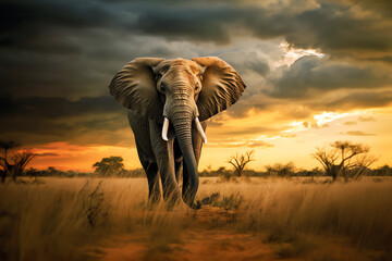 Fototapeta na wymiar majestic elephant in the plain at sunset, AI generated