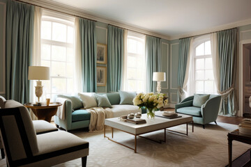 Naklejka na ściany i meble Interior of light living room with comfortable sofa and houseplants. House decor