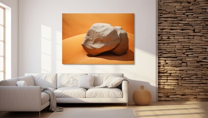 Sculpted Elegance: Stone-Shaped Print in Living Room Interior