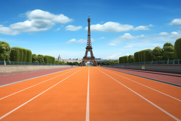 Athletics track in front of Eiffel Tower, AI generated - obrazy, fototapety, plakaty