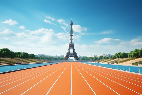 track in front of Eiffel Tower, AI generated