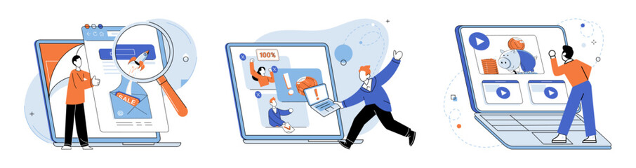 Online advertising vector illustration. The global nature online advertising enables businesses to reach diverse audience Optimization techniques help fine tune online advertising strategies