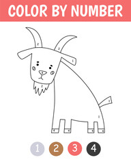 Color by number game for kids. Childish cute goat. Farm coloring page. Printable worksheet with solution for school and preschool. Learning numbers activity.