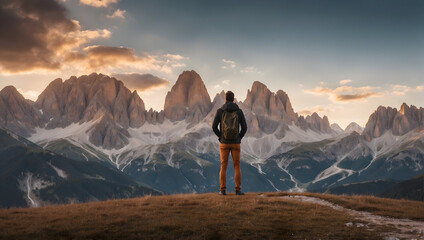 concept of freedom, back view of a man standing on a mountain with a view of the peaks of the Dolomites in Italy before sunset