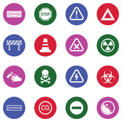 Caution Icons. White Flat Design In Circle. Vector Illustration.