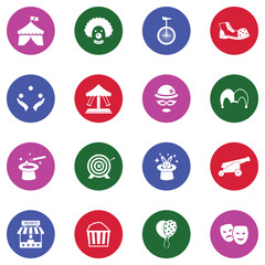 Circus Icons. White Flat Design In Circle. Vector Illustration.