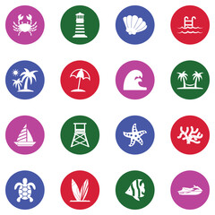 Coastline Icons. White Flat Design In Circle. Vector Illustration.