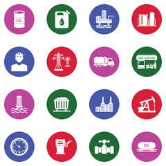 Oil and Gas Industry Icons. White Flat Design In Circle. Vector Illustration.