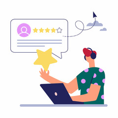 Man sitting with laptop giving feedback review or leaving comments. Customer satisfaction rating, consumer online survey. Hand drawn illustration isolated on background, flat cartoon style.