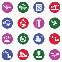 Plane Travel Icons. White Flat Design In Circle. Vector Illustration.