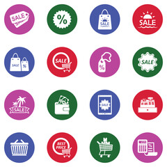 Sale Icons. White Flat Design In Circle. Vector Illustration.