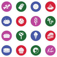Sweets Icons. White Flat Design In Circle. Vector Illustration.