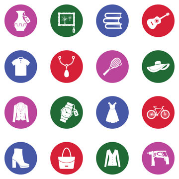 Second Hand Store Icons. White Flat Design In Circle. Vector Illustration.