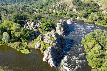 A bend of the Southern Bug river called Integral from a bird's eye view. A picturesque river among...