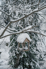 Snow covered wooden bird feeder hanging in the winter forest