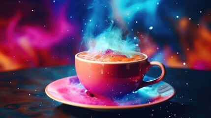  a cup of hot chocolate on a saucer with blue and pink smoke coming out of the top of the cup and on the saucer is a saucer.  generative ai
