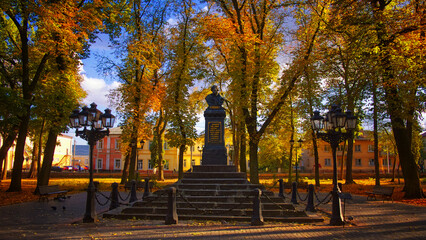 A monument to Nikolai Gogol, a genius writer, in the city of Nizhyn, Chernihiv region, is located on the main alley in Gogol Square in the city center. The monument was unveiled on September 4, 1881.