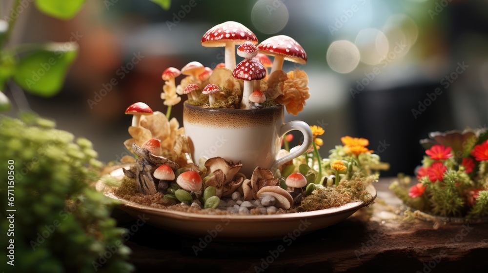 Poster  a cup filled with mushrooms sitting on top of a table next to a plate with mushrooms on top of it and plants growing out of the top of the cup.  generative ai