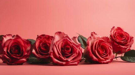 Bouquet of red roses on pink background with copy space.