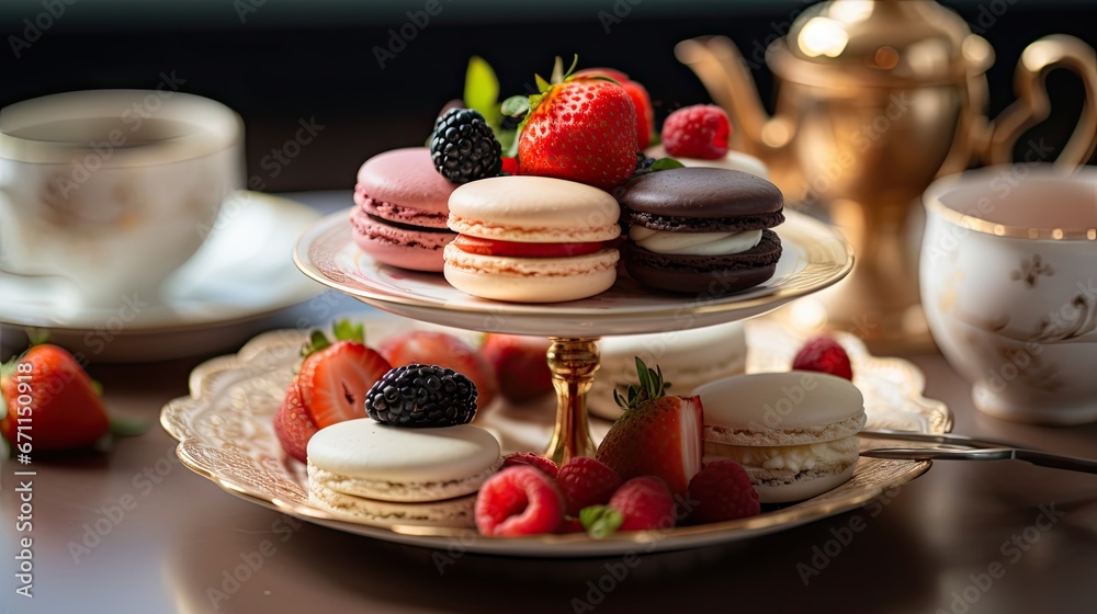 Wall mural  a couple of plates topped with desserts next to a cup of tea and a gold tea pot with a tea kettle in the background and a gold teapot with strawberries on it.  generative ai