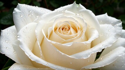 A large, garden, white rose with dew drops. A rose after the rain.