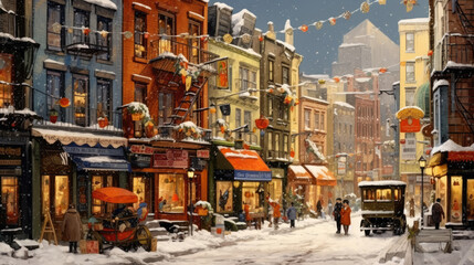 A snowy city street with people shopping for gifts.