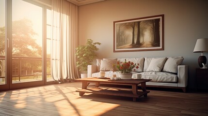 Living room in the evening with sunlight, AI generative