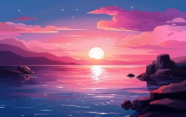 Sunset or sunrise on the sea, landscape nature background, pink clouds flying in the sky to shine the sun over the lake with rocks sticking out the water surface Generative AI