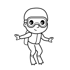 Scuba Diver. Coloring page, coloring book page. Black and white vector illustration.