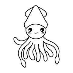 Squid. Coloring page, coloring book page. Black and white vector illustration.