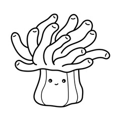 Sea anemone. Coloring page, coloring book page. Black and white vector illustration.