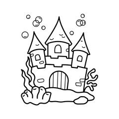 Underwater Castle. Coloring page, coloring book page. Black and white vector illustration.