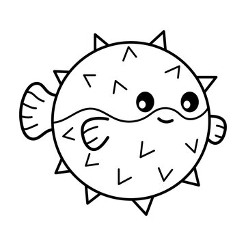 Pufferfish. Coloring page, coloring book page. Black and white vector illustration.