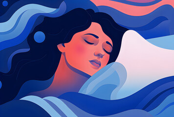 Cartoon of person sleeping with abstract objects as background