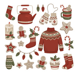 Hand-drawn hygge illustrations of Christmas decorations, clothes, drinks and desserts. Perfect for stickers, seasonal packaging design, textile, greeting cards and other printed goods