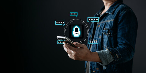 Digital Artificial Intelligence (AI) technology disruption concept.Innovative technology Machine learning support in the business. man use smartphone command prompt Ai chat. Big data storage.