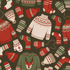 Hand drawn seamless pattern with winter knitwear illustrations. Hygge time. Perfect for wrapping paper, packaging design, seasonal home textile, greeting cards and other printed goods