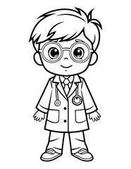 Black and white cartoon illustration of little boy in costume of doctor for Coloring Book