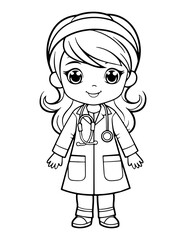 Black and white cartoon illustration of little girl in costume of doctor for Coloring Book