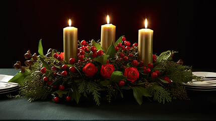A festive holiday centerpiece with candles and holly berries.