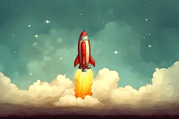 Foto op Canvas Cartoon spaceship rocket takes off into space, children's book illustration © Svetlana