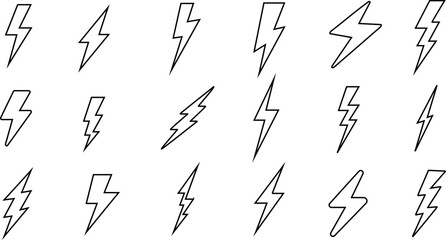Lightning bolts line icons vector illustration, black and white seamless pattern, symbolizing power, energy, and danger. Perfect for weather-related designs, electric themes, and storm visuals - obrazy, fototapety, plakaty