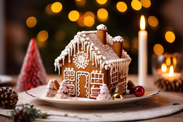christmas gingerbread house on table, generative ai