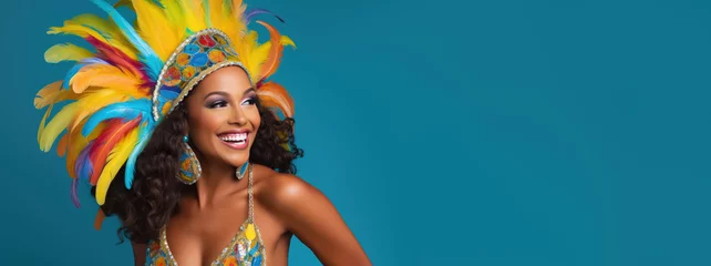 Papier Peint photo Lavable Brésil happy woman in carnival costume on color background, generative ai
